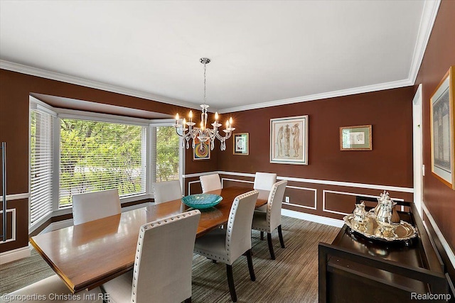 4889 Ardmore Dr, Bloomfield Hills, MI 48302 - dining space with a chandelier, ornamental molding, a decorative wall, and wainscoting
