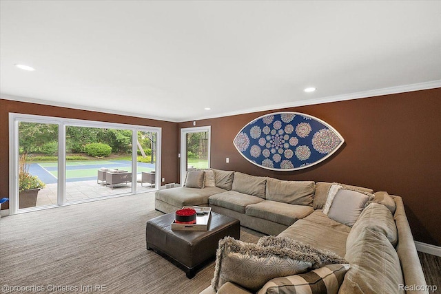 4889 Ardmore Dr, Bloomfield Hills, MI 48302 - living room with ornamental molding, carpet floors, recessed lighting, and baseboards