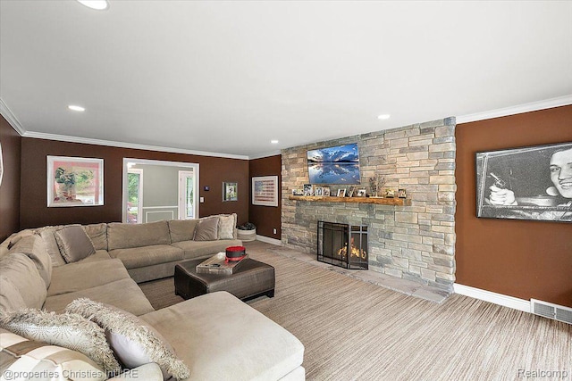 4889 Ardmore Dr, Bloomfield Hills, MI 48302 - living area with a fireplace, crown molding, baseboards, recessed lighting, and carpet floors