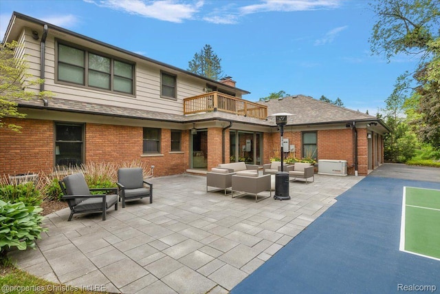 4889 Ardmore Dr, Bloomfield Hills, MI 48302 - back of property with a balcony, an outdoor living space, brick siding, a patio, and a chimney