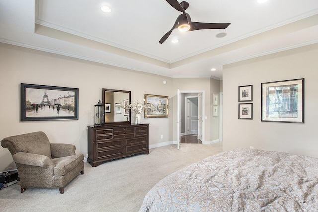 6371 Colorado Ct, Norton Shores, MI 49441 - bedroom with ornamental molding, light colored carpet, a raised ceiling, recessed lighting, and a ceiling fan