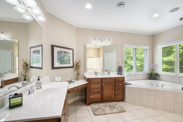 6371 Colorado Ct, Norton Shores, MI 49441 - bathroom featuring tile patterned flooring, a garden tub, two vanities, a stall shower, and crown molding
