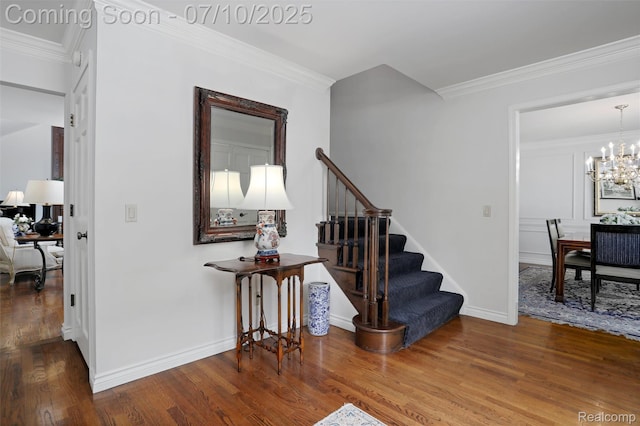 3445 Medford Dr, Troy, MI 48084 - staircase featuring wood finished floors, a chandelier, and crown molding