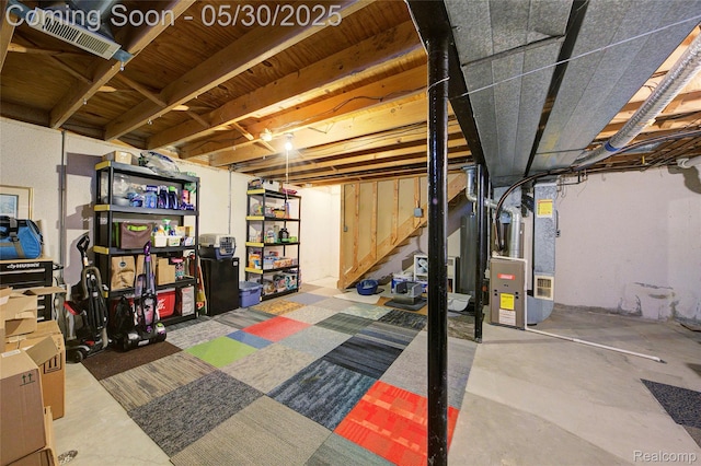41381 Northwind Dr, Canton, MI 48188 - unfinished basement featuring stairway and heating unit