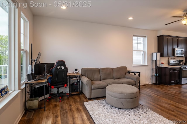 3217 Chambers W Unit 87, Wixom, MI 48393 - living room featuring dark wood finished floors, a ceiling fan, recessed lighting, and baseboards