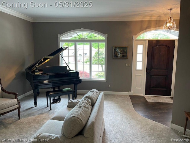 8241 Fountain View Dr, Flushing, MI 48433 - entrance foyer featuring carpet floors, a chandelier, baseboards, and crown molding
