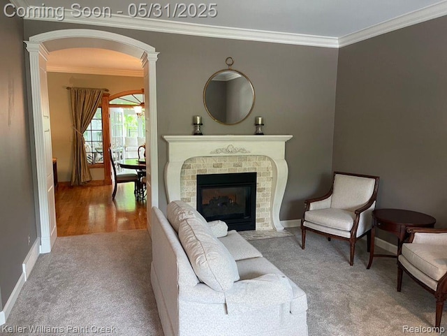 8241 Fountain View Dr, Flushing, MI 48433 - living room featuring ornamental molding, carpet floors, baseboards, arched walkways, and ornate columns