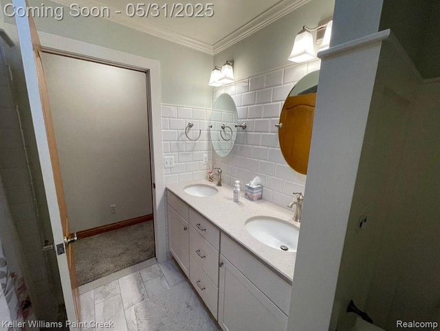 8241 Fountain View Dr, Flushing, MI 48433 - bathroom featuring marble finish floors, ornamental molding, double vanity, and baseboards