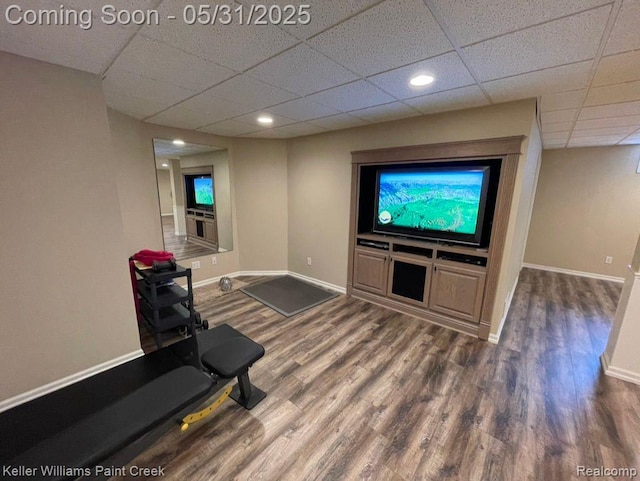 8241 Fountain View Dr, Flushing, MI 48433 - exercise room with wood finished floors, baseboards, a paneled ceiling, and recessed lighting