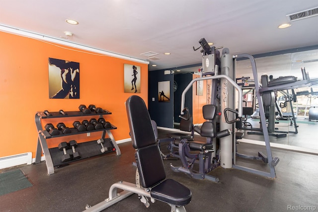 930 Village Green Ln, Waterford, MI 48328 - gym featuring a baseboard radiator, recessed lighting, and baseboards