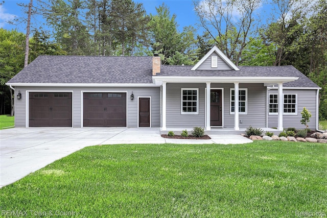 6400 N Seymour Rd, Flushing, MI 48433 - single story home with a chimney, driveway, an attached garage, a front lawn, and a shingled roof
