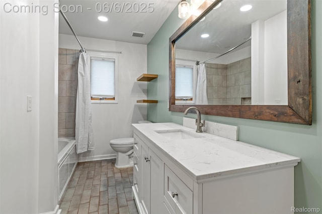36963 Heatherton Dr, Farmington, MI 48335 - full bath featuring baseboards, vanity, recessed lighting, shower / tub combo, and toilet