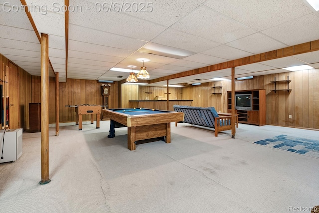 36963 Heatherton Dr, Farmington, MI 48335 - playroom featuring wood walls, carpet flooring, billiards, and a drop ceiling