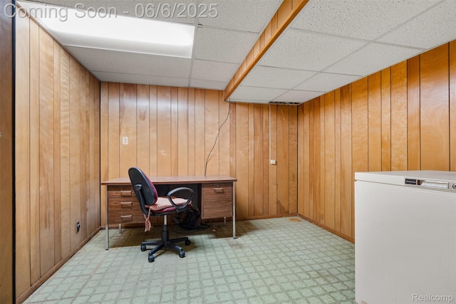 36963 Heatherton Dr, Farmington, MI 48335 - home office featuring baseboards, wood walls, and a paneled ceiling