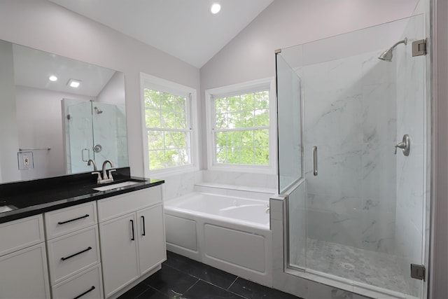 4116 Split Rail Dr, Fenton, MI 48430 - full bathroom with lofted ceiling, a marble finish shower, a bath, vanity, and recessed lighting