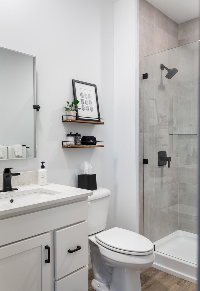 222 E State St, Traverse City, MI 49684 - bathroom with a stall shower, vanity, toilet, and wood finished floors