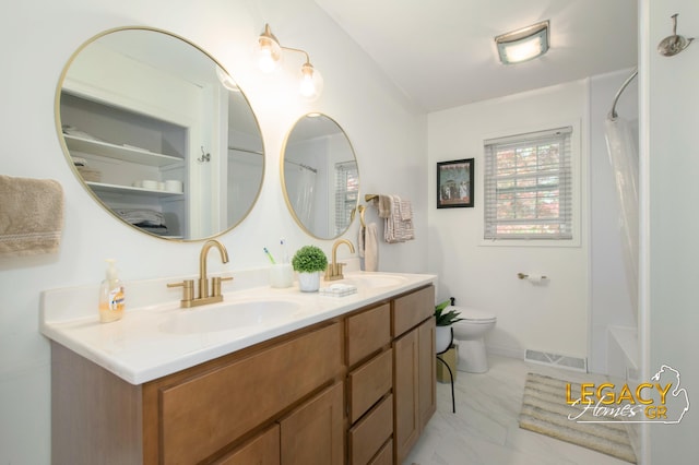 3051 Lantana Ct SE, Kentwood, MI 49512 - bathroom featuring toilet, a shower with curtain, double vanity, and marble look tile flooring