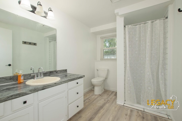 3051 Lantana Ct SE, Kentwood, MI 49512 - bathroom with wood finished floors, toilet, vanity, curtained shower, and baseboards