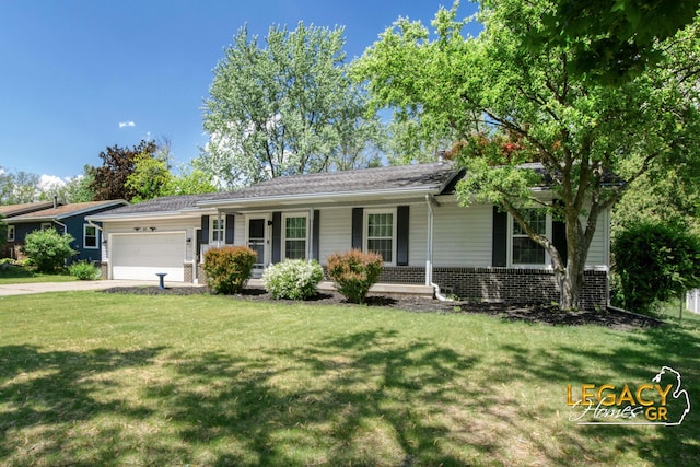 3051 Lantana Ct SE, Kentwood, MI 49512 - ranch-style house featuring brick siding, covered porch, an attached garage, a front yard, and concrete driveway