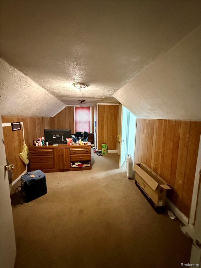 15898 Asbury Park, Detroit, MI 48227 - bedroom with a textured ceiling, wooden walls, lofted ceiling, and carpet