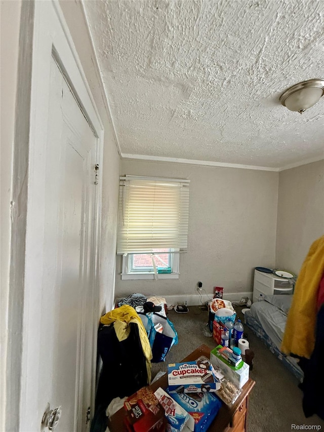 17167 Roselawn St, Detroit, MI 48221 - bedroom with a textured ceiling, ornamental molding, and carpet
