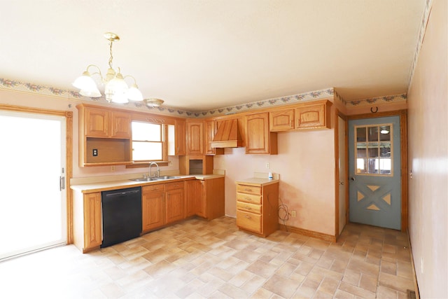 10432 W Wilson Rd, Montrose, MI 48457 - kitchen with dishwasher, a sink, a chandelier, hanging light fixtures, and light countertops