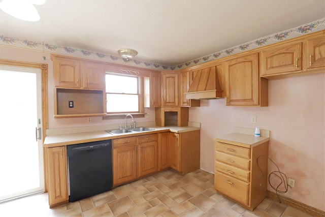 10432 W Wilson Rd, Montrose, MI 48457 - kitchen with dishwasher, a sink, premium range hood, light countertops, and stone finish flooring