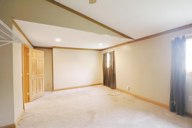 10432 W Wilson Rd, Montrose, MI 48457 - spare room with crown molding, light colored carpet, baseboards, recessed lighting, and vaulted ceiling
