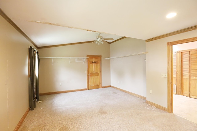10432 W Wilson Rd, Montrose, MI 48457 - unfurnished bedroom with carpet flooring, lofted ceiling, baseboards, ornamental molding, and ceiling fan