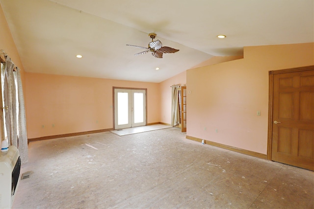 10432 W Wilson Rd, Montrose, MI 48457 - unfurnished room with a ceiling fan, french doors, vaulted ceiling, baseboards, and recessed lighting