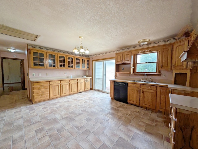 10432 W Wilson Rd, Montrose, MI 48457 - kitchen with black dishwasher, a sink, a chandelier, light countertops, and a textured ceiling