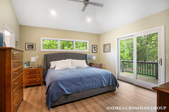 16993 Firefly Rdg, West Olive, MI 49460 - bedroom featuring access to outside, light wood finished floors, vaulted ceiling, and ceiling fan
