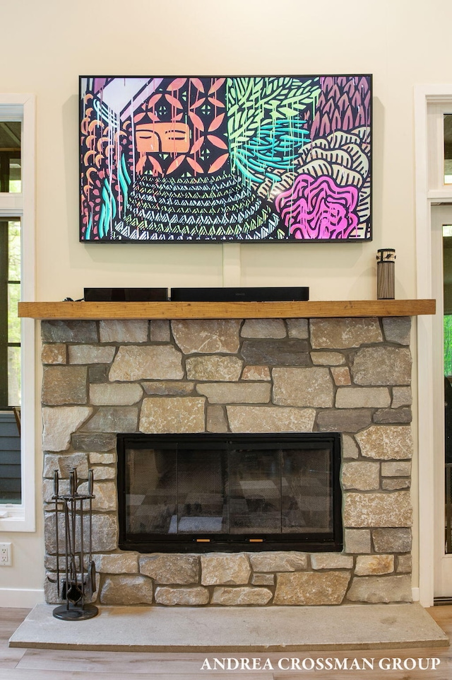 16993 Firefly Rdg, West Olive, MI 49460 - detailed view of a stone fireplace, baseboards, and wood finished floors