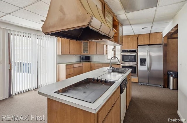 26914 Glendale, Redford, MI 48239 - kitchen with appliances with stainless steel finishes, a drop ceiling, carpet flooring, custom exhaust hood, and a center island