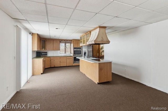 26914 Glendale, Redford, MI 48239 - kitchen with appliances with stainless steel finishes, dark colored carpet, glass insert cabinets, light countertops, and a drop ceiling
