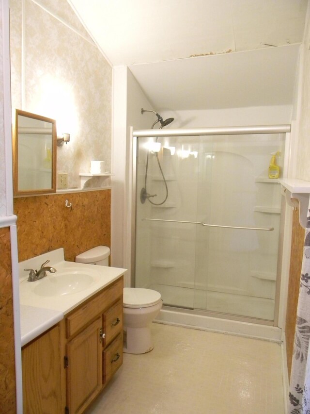 306 N Rowe St, Ludington, MI 49431 - bathroom featuring a shower stall, vanity, toilet, and vaulted ceiling