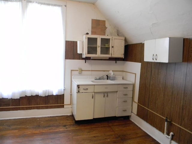 306 N Rowe St, Ludington, MI 49431 - kitchen featuring a sink, lofted ceiling, dark wood-style floors, wood walls, and light countertops