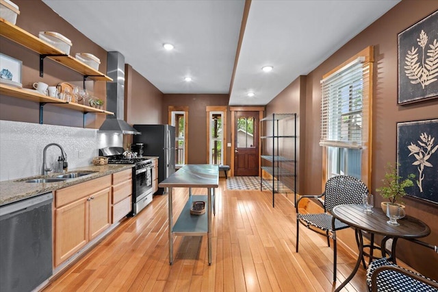 152 National Ave SW, Grand Rapids, MI 49504 - kitchen with appliances with stainless steel finishes, a sink, open shelves, plenty of natural light, and recessed lighting
