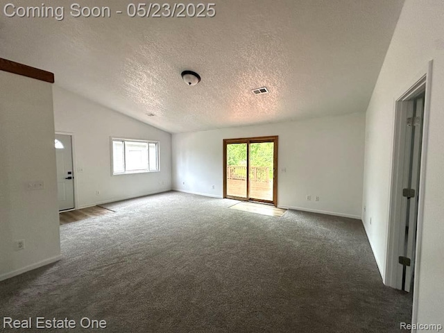 5399 Brobeck St, Flint, MI 48532 - carpeted empty room featuring vaulted ceiling, a textured ceiling, and baseboards