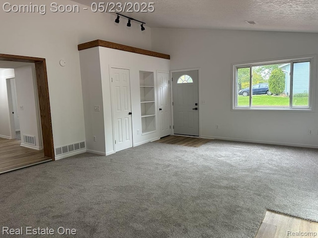 5399 Brobeck St, Flint, MI 48532 - carpeted foyer entrance with rail lighting, a textured ceiling, baseboards, and high vaulted ceiling