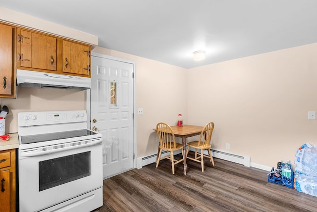 612 E 3rd St, Flint, MI 48503 - kitchen featuring white electric range oven, under cabinet range hood, brown cabinetry, dark wood-type flooring, and light countertops