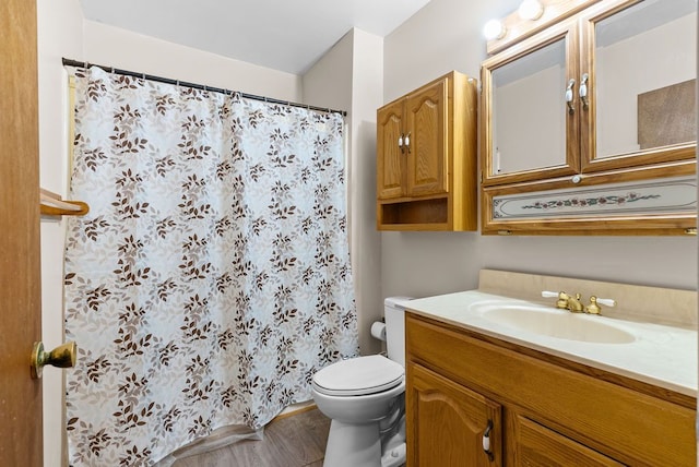 612 E 3rd St, Flint, MI 48503 - bathroom featuring toilet, vanity, wood finished floors, and a shower with curtain