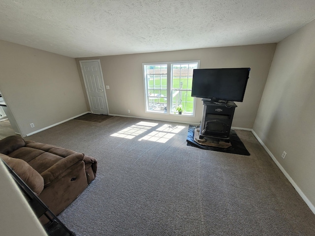 4908 Brookfield Rd, Charlotte, MI 48813 - carpeted living area featuring a wood stove, a textured ceiling, and baseboards