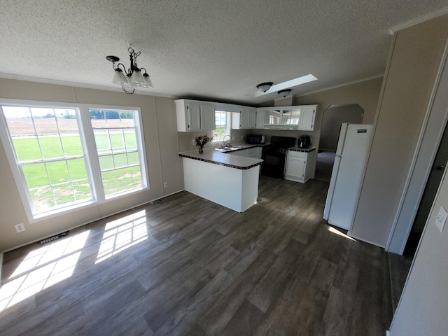 4908 Brookfield Rd, Charlotte, MI 48813 - kitchen with a peninsula, freestanding refrigerator, dark countertops, black gas range oven, and a sink