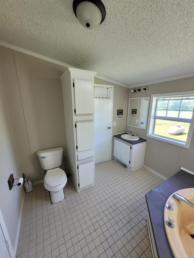 4908 Brookfield Rd, Charlotte, MI 48813 - bathroom featuring ornamental molding, a textured ceiling, vanity, toilet, and baseboards