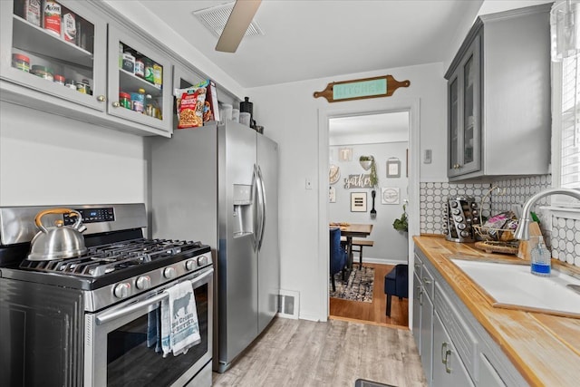 8156 Grayfield St, Dearborn Heights, MI 48127 - kitchen with stainless steel appliances, gray cabinets, a sink, butcher block countertops, and light wood-style flooring