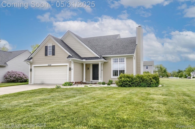 4422 Jordan Dr, Grand Blanc, MI 48439 - traditional-style house featuring concrete driveway, a chimney, a front lawn, roof with shingles, and an attached garage