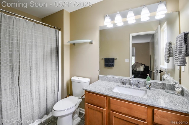 4422 Jordan Dr, Grand Blanc, MI 48439 - bathroom featuring vanity, toilet, tile patterned floors, and a shower with curtain