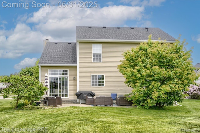 4422 Jordan Dr, Grand Blanc, MI 48439 - rear view of house featuring an outdoor living space, a patio area, a yard, a chimney, and roof with shingles