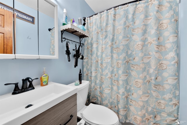 12323 Oakland Ave, Mount Morris, MI 48458 - bathroom with vanity, toilet, and a shower with shower curtain